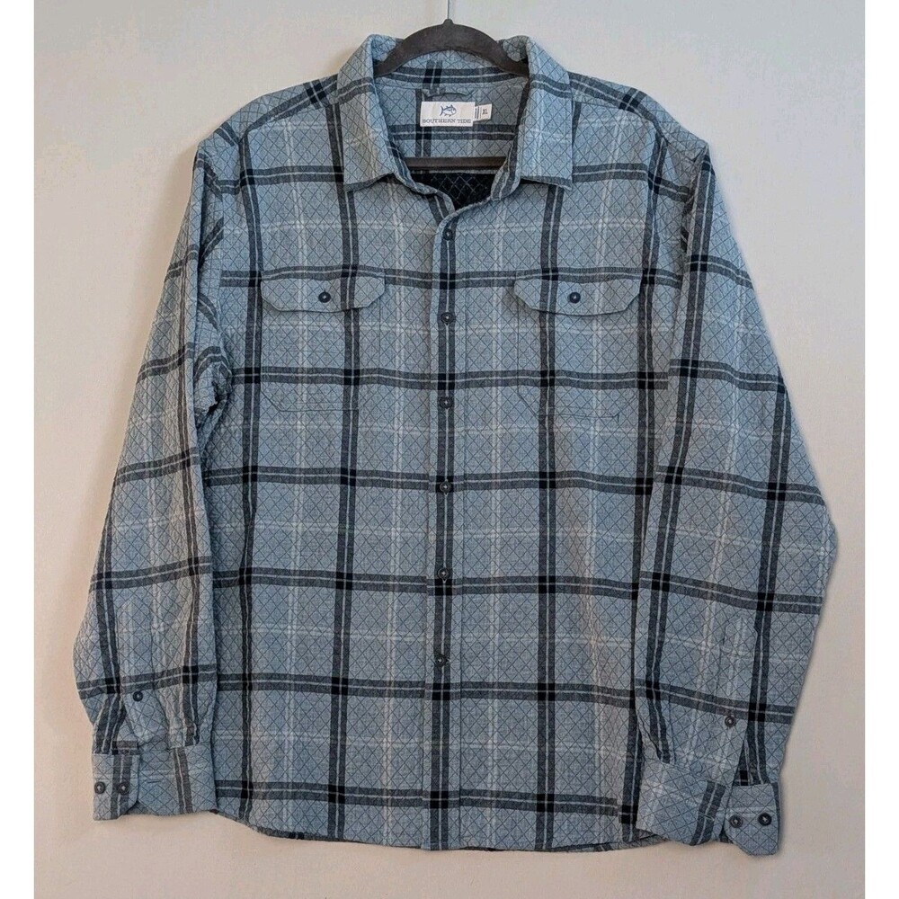 Southern Tide Mens XL Quilted Button Down Plaid Shirt Long Gray Blue Warm Casual